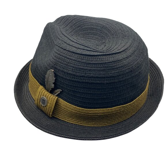 Hats in the Belfry HIB Galiano Fedora XL Black Mustard Band Metal Feather Accent - Picture 1 of 15